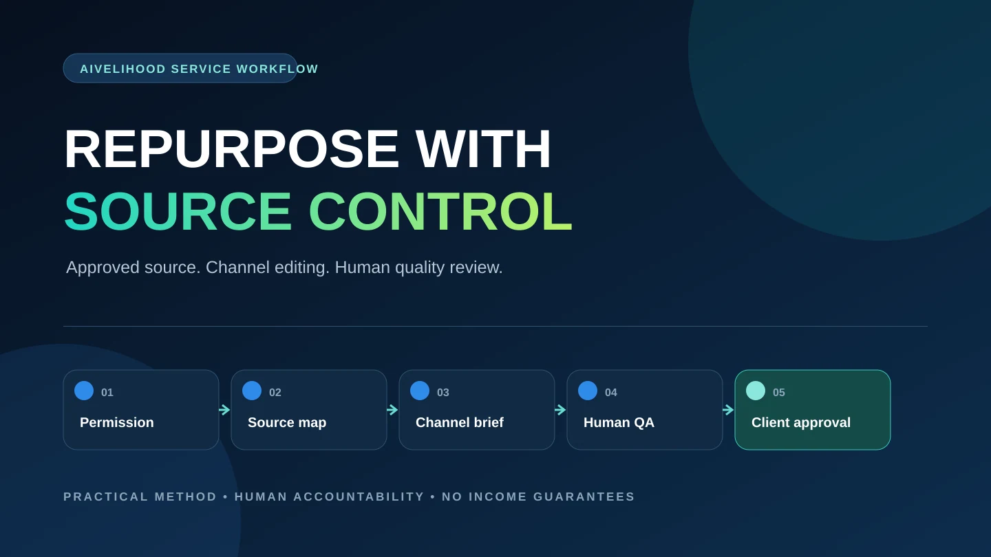 Content repurposing workflow moving from approved source material through evidence mapping, channel editing, human review, and client delivery
