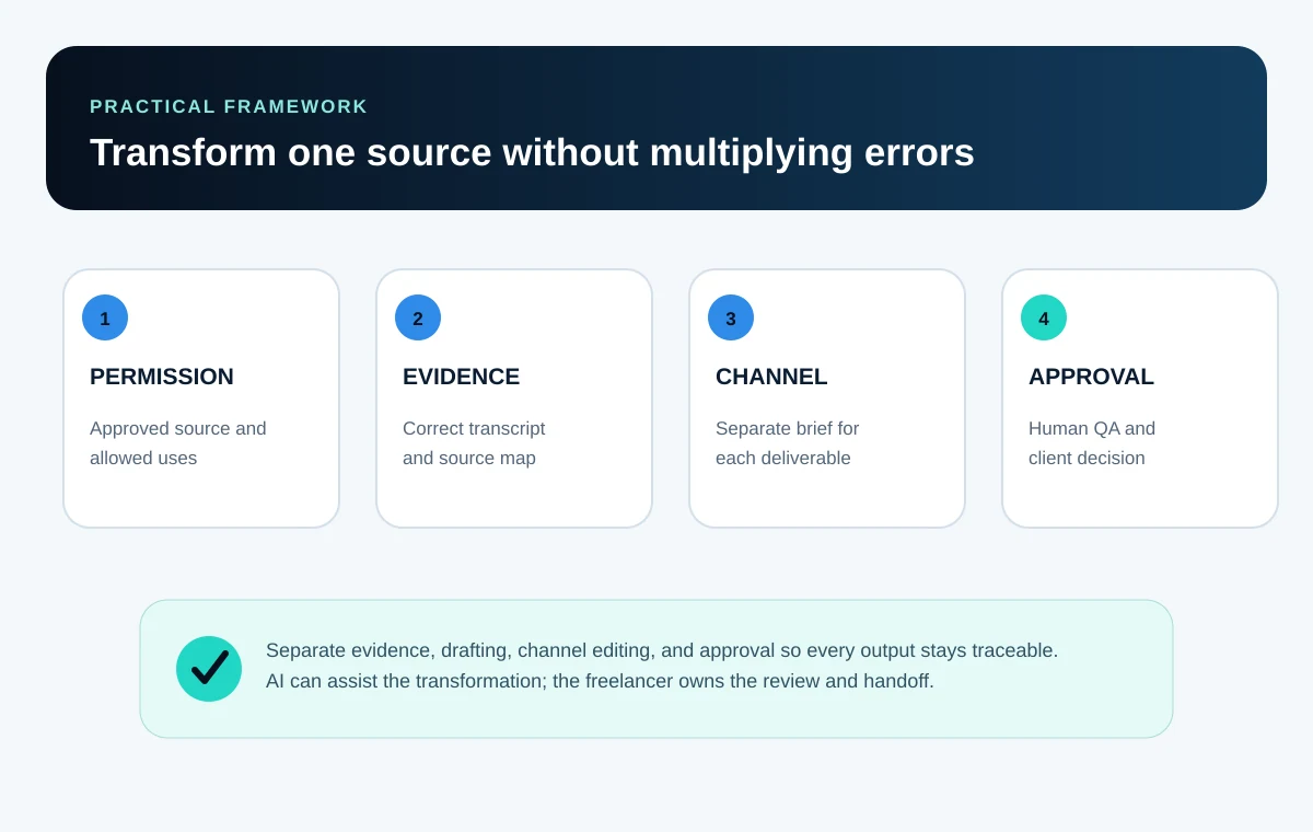 Content repurposing overview from permission and source mapping to channel editing, human quality review, and client approval