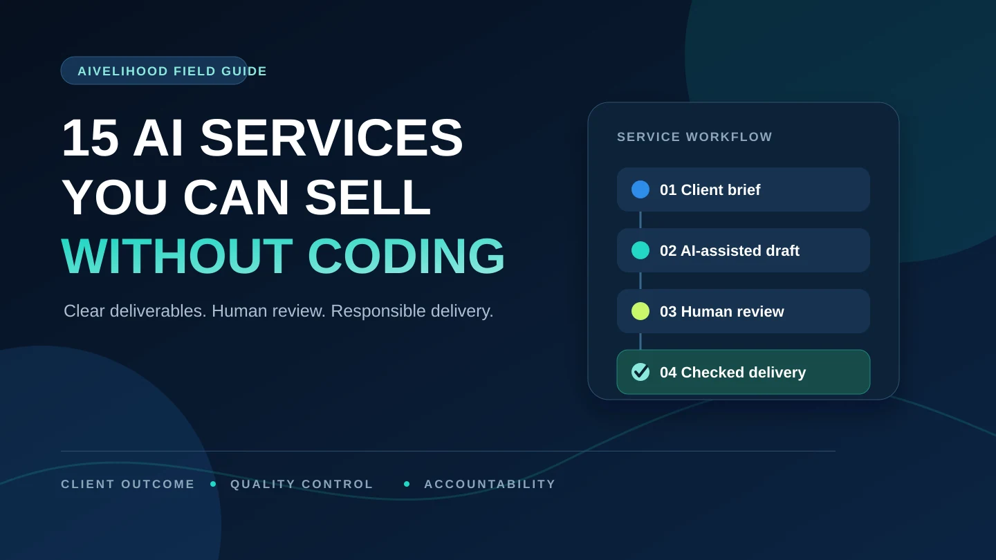 Illustrated AI-assisted service workflow moving from a client brief through human review to a finished delivery