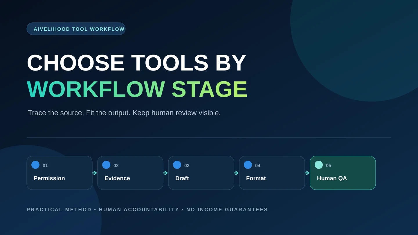 Content repurposing tool workflow moving from permission and source evidence to drafting, formatting, and human quality review