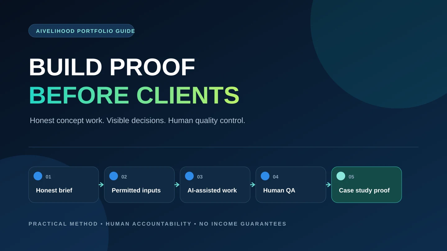 Portfolio workflow showing a concept brief, documented process, human quality review, and finished proof of work