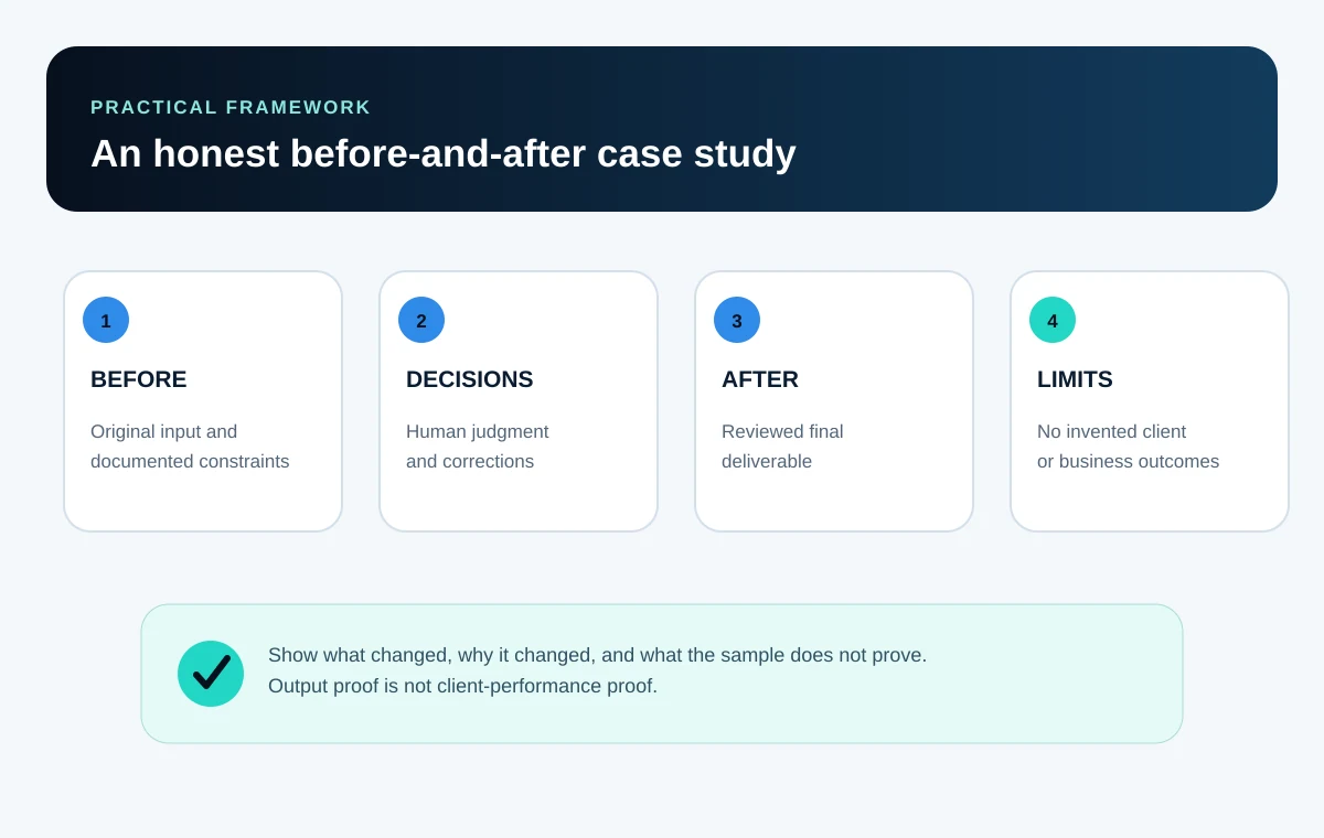 Case-study framework moving from an honestly labeled concept brief through decisions and human review to a finished portfolio proof