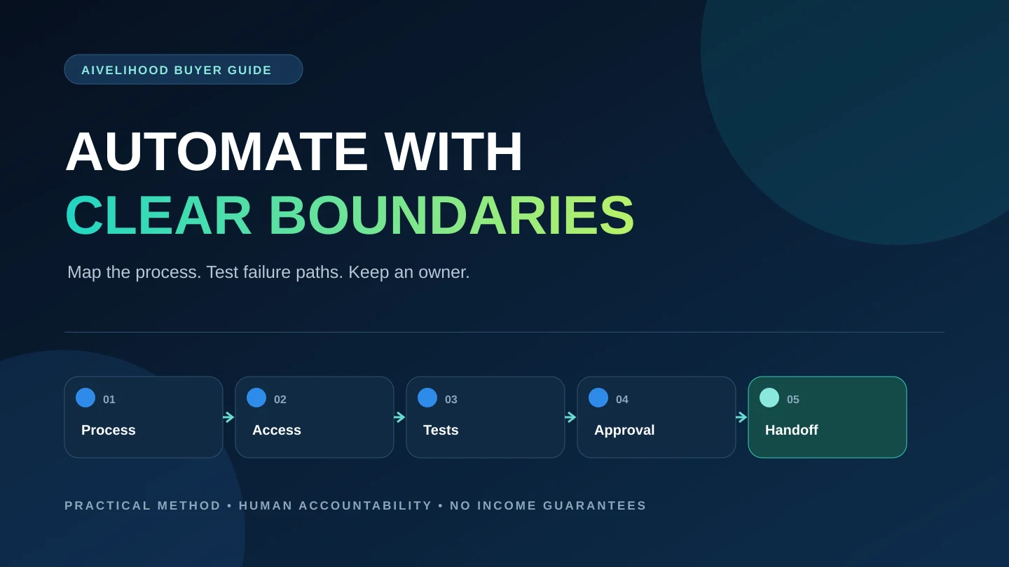 Automation hiring workflow connecting a process map, limited access, test cases, approval, and documented handoff