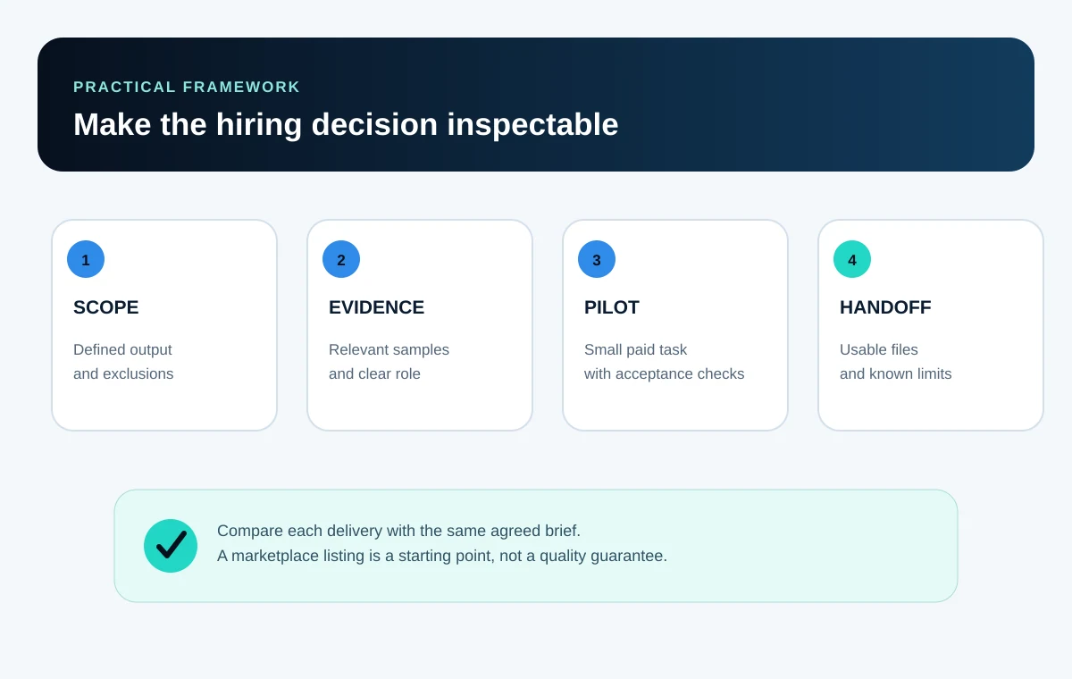 Four hiring checks: clear scope, relevant work evidence, a paid pilot, and a usable handoff