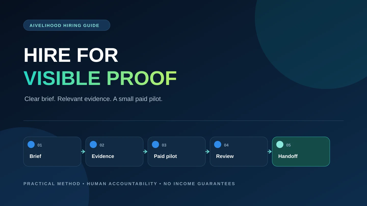 Hiring workflow from a clear brief through relevant evidence, a small paid pilot, review, and handoff