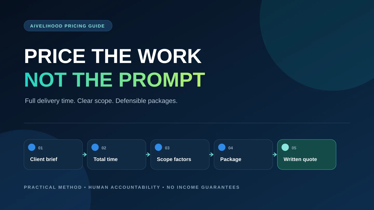 Pricing framework for AI freelance services combining scope, time, quality assurance, risk, and client value into a quote